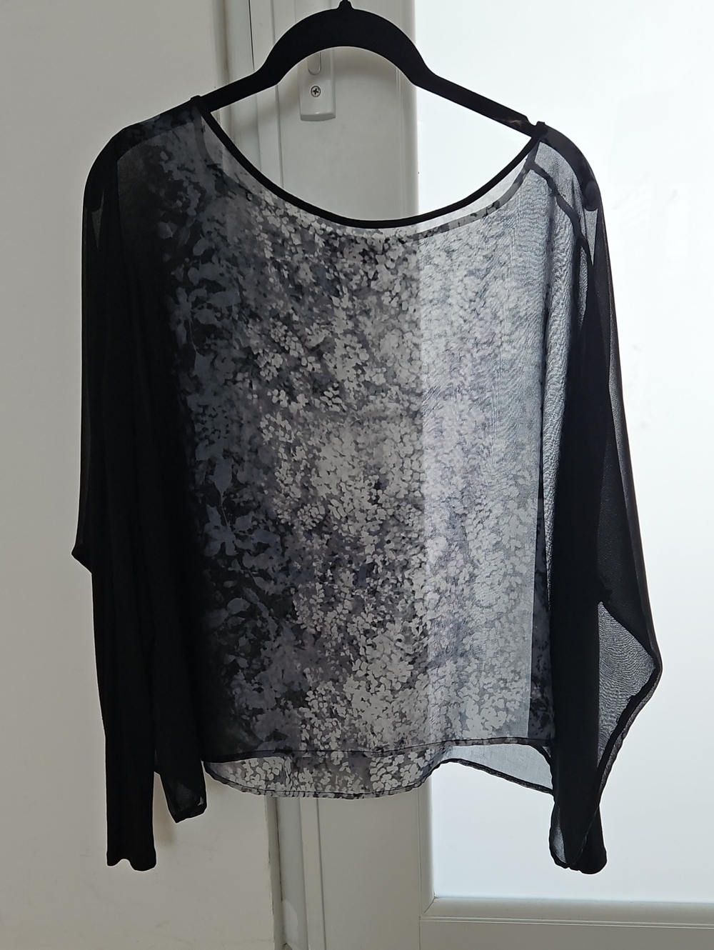 Lightweight Black Floral Sheer Blouse with Black Cotton Sleeves